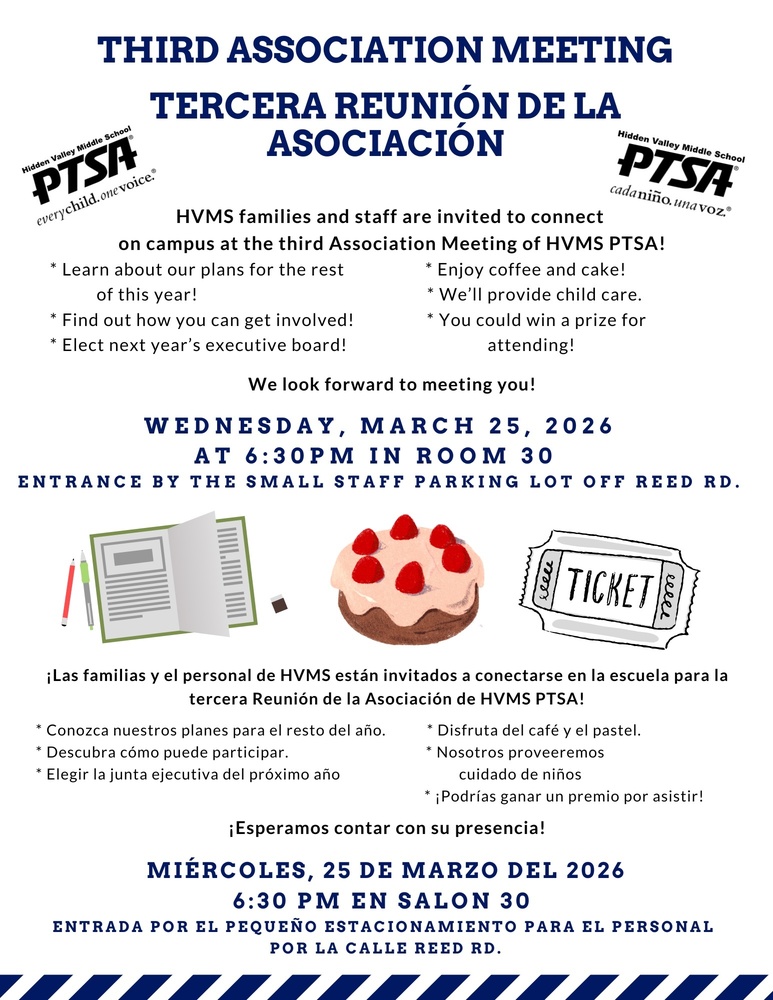 Flyer about Hidden Valley Middle School PTSA Third Association Meeting on Wednesday, March 25, 2026 at 6:30 PM in Room 30. Families and staff invited to learn about plans, get involved, elect the next executive board, enjoy refreshments, and access childcare. Entrance via the small staff parking lot off Reed Rd.