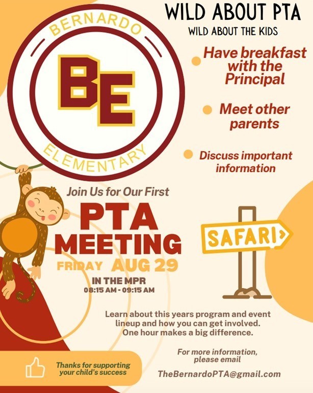 Flyer for PTA Meeting & Breakfast with the Principal on 8/29/25