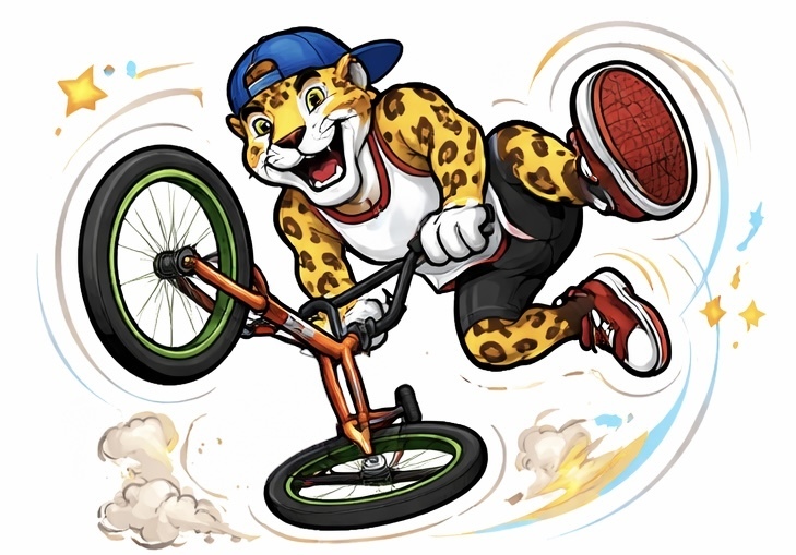 An animated jaguar performs a bicycle stunt mid-air, wearing a blue cap, white tank top, and red sneakers.