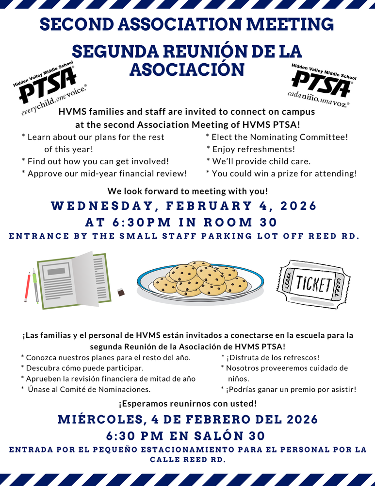 Flyer about Hidden Valley Middle School PTSA Second Association Meeting on Wednesday, February 4, 2026, at 6:30 PM in Room 30. Free childcare, refreshments, and prize drawing.