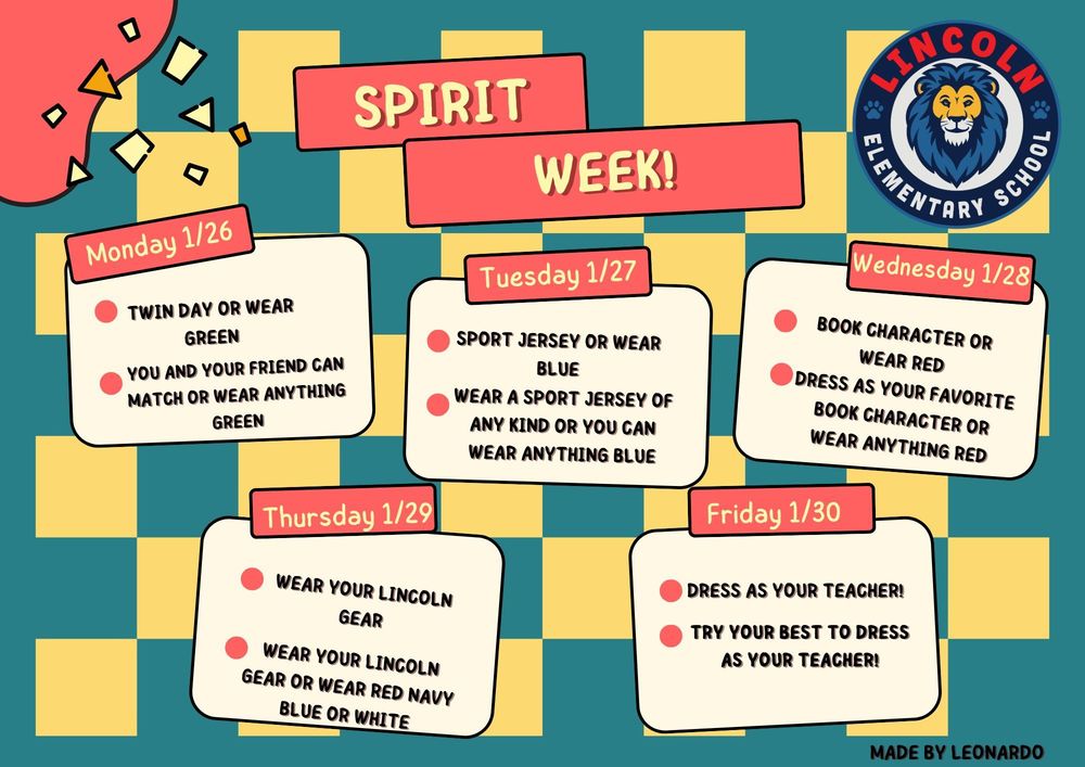 Flier announcing Spirit Week at Lincoln, Jan 26-30