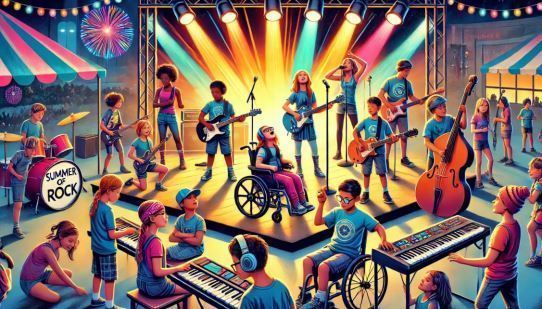 Estudiantes en un escenario tocando varios instrumentos para el 'Verano del Rock'.