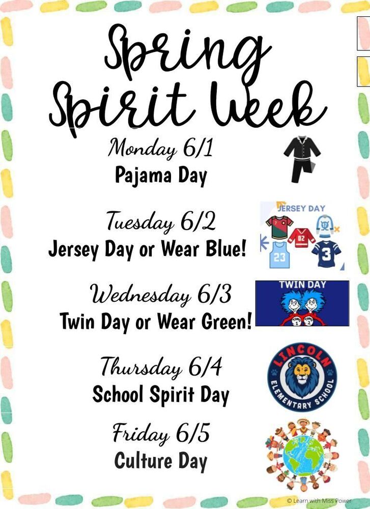 Spring Spirit Week flyer with pajama, jersey, twin, school spirit, and culture day themes for June 1–5.
