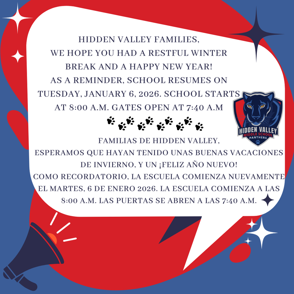 Flyer announcing that school resumes on Tuesday, January 6, 2026. Classes begin at 8:00 a.m. and school gates open at 7:40 a.m.
