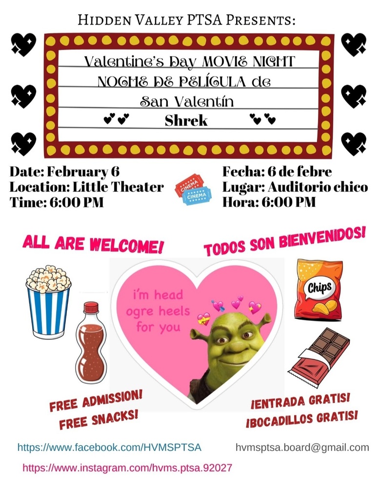 Flyer promoting Hidden Valley PTSA’s Valentine’s Movie Night featuring “Shrek” on February 6 at 6:00 PM in the Little Theater.