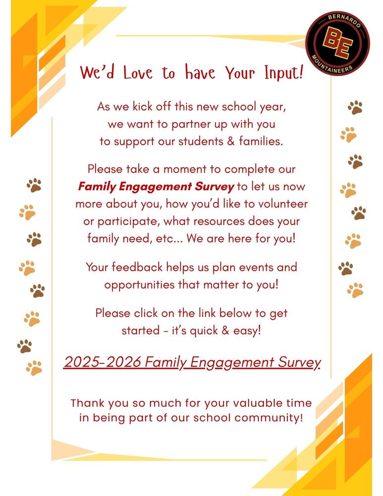 Flyer inviting parents to comple our 2025-2026 Family Engagement Survey