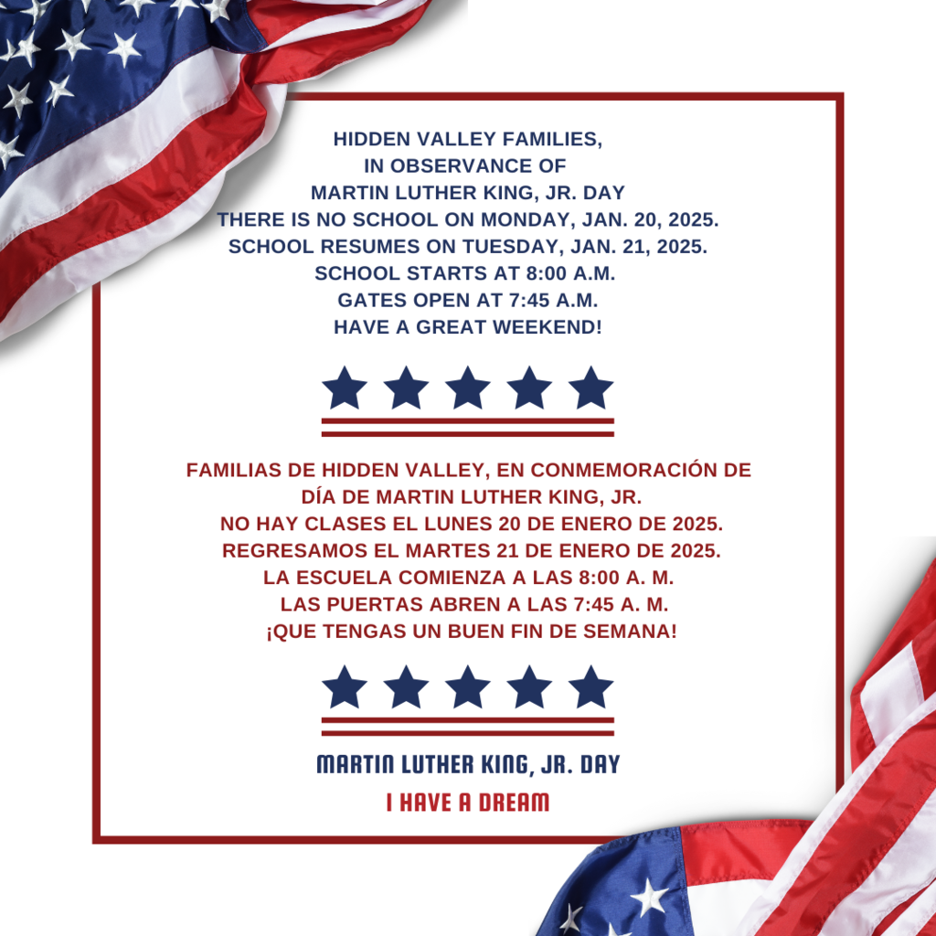 Flyer of school schedule for Martin Luther King Observance Day.