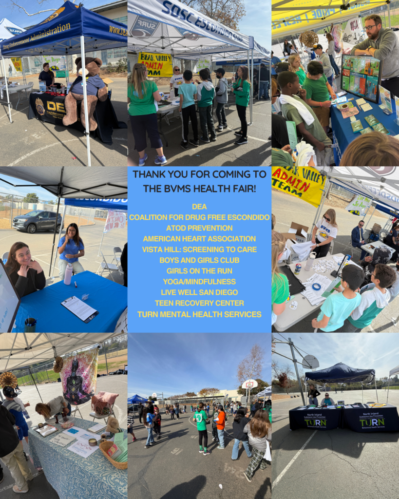 a collage of several photos taken at the BVMS Health Fair, showing different booths and activities. Various organizations, including the DEA, Boys and Girls Club, American Heart Association, and others, have set up tents to engage with students and provide health-related information. In the top left photo, a DEA booth is visible with a large stuffed bear wearing a police uniform sitting on a chair. The top middle photo features students gathered around a booth with a "Bear Valley Admin Team" sign. The top right photo shows a man with a beard engaging with students at a table filled with colorful brochures and materials. The middle left photo captures a young woman sitting behind a table with a sign-up sheet. The middle right photo features another booth under a tent with a "Bear Valley Admin Team" banner, where students are participating in an activity. The bottom left photo displays a booth promoting yoga and mindfulness, with a decorated tablecloth, spiritual-themed decorations, and informational pamphlets. The bottom right photo shows a large outdoor space with students walking around and engaging with different booths under a sunny sky. In the center of the collage, there is a large blue text box thanking attendees and listing the participating organizations.