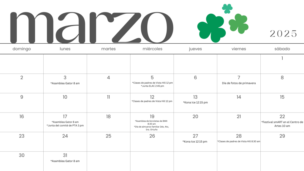 March 2025 Parent Calendar Spanish