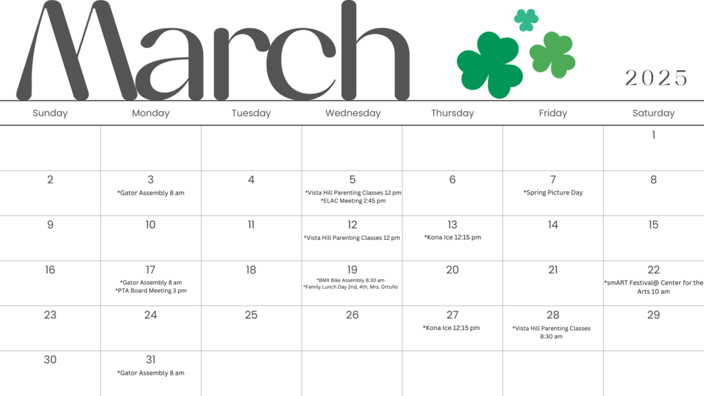 March 2025 Parent Calendar English