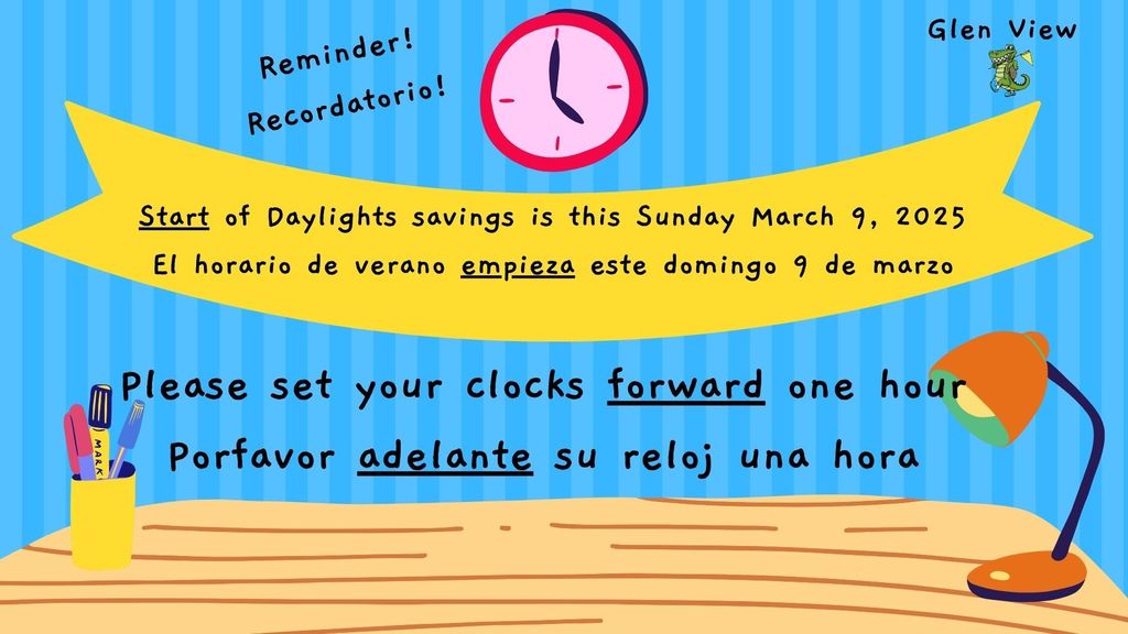 A clock and a lamp on a desk, letting parents know that daylight savings is March 9th 2025