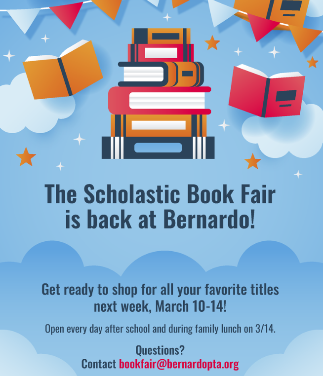 Flyer about the Scholastic Book Fair at Bernardo