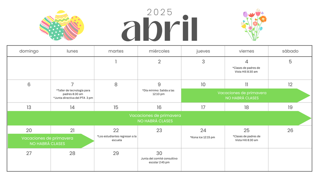 GV April 2025 Parent Calendar Spanish
