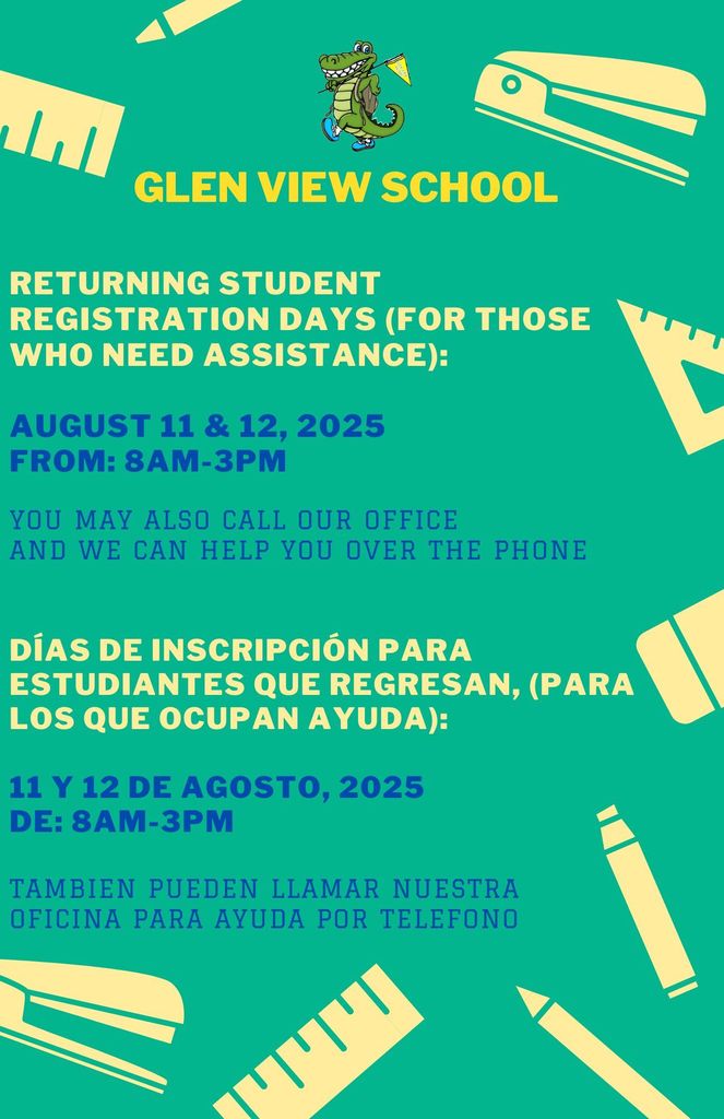 Flyer about returning registration. Green flyer with stapler and pens on it