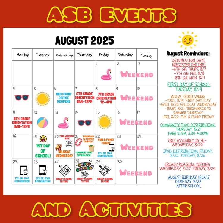 A calendar of ASB Events and Activities for August 2025