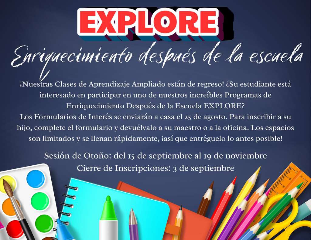 Informational graphic about an after-school enrichment program with colorful school supplies illustrated.