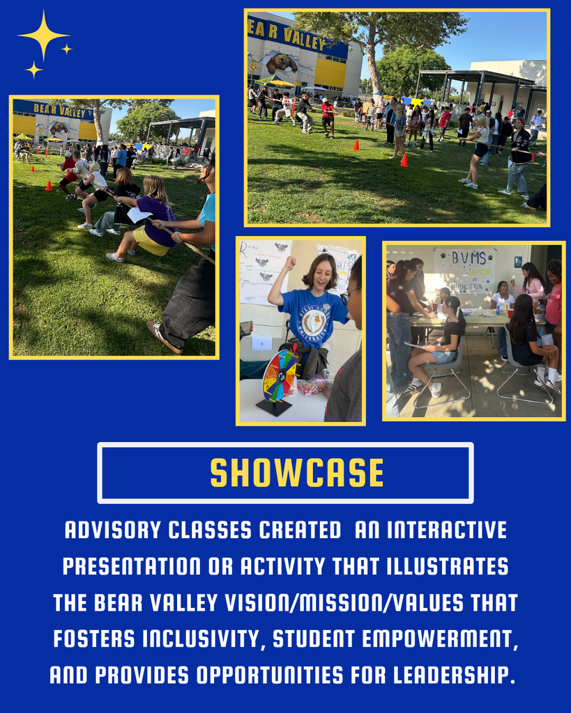 SHOWCASE Advisory classes created an interactive presentation or activity that illustrates the Bear Valley vision/mission/values that fosters inclusivity, student empowerment, and provides opportunities for leadership. pictures of student playing tug-o-war, getting face painted and spinning a wheel to win a prize.