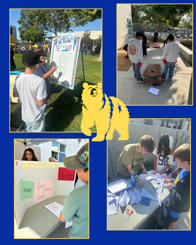 Pictures of a bear, student making paper airplanes, playing corn hole, playing Pictionary, and viewing a poster with instructions.