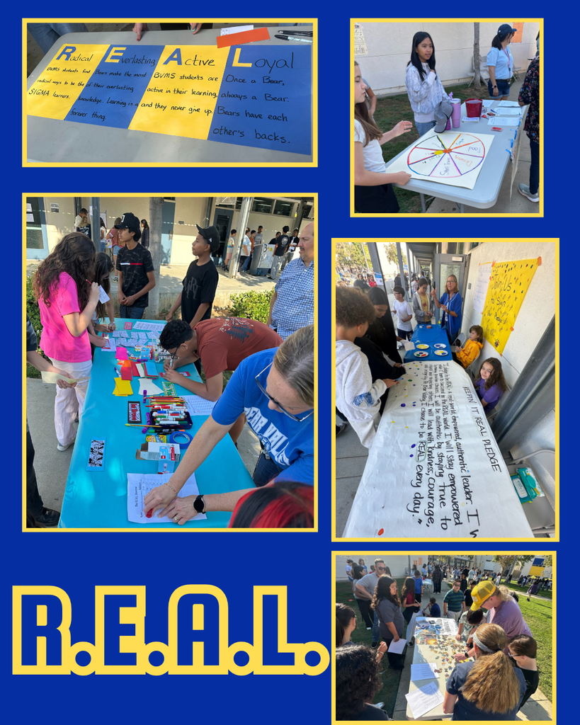 R.E.A.L. Pictures of students playing a game, signing a pledge, spinning a wheel to win a prize and a picture of what R.E.A.L. means to student.