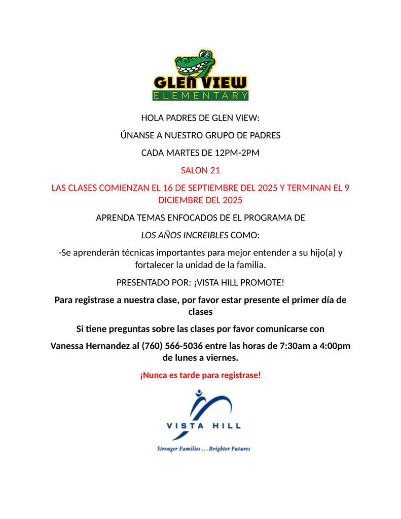 Vista Hill Parenting Classes Flyer Spanish