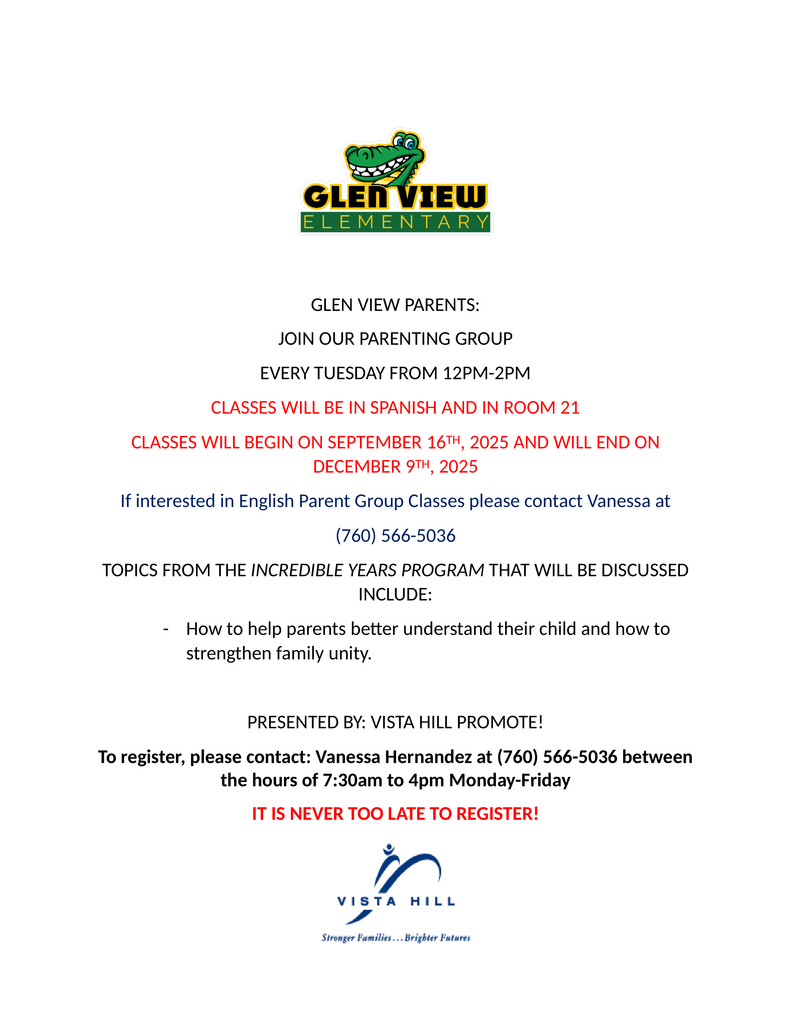 Vista Hill Parenting Classes Flyer English