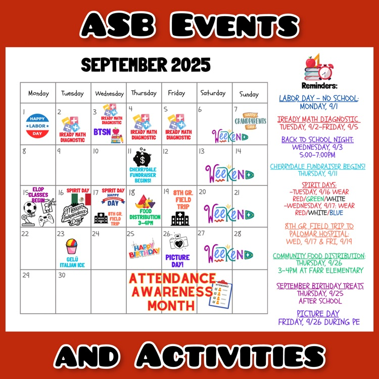 A calendar of ASB Events and Activities for September 2025