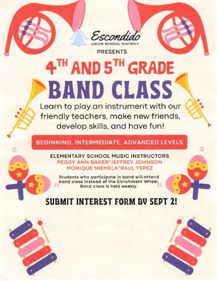 Flyer for Escondido Union School District's 4th and 5th Grade Band Class with colorful musical design elements.