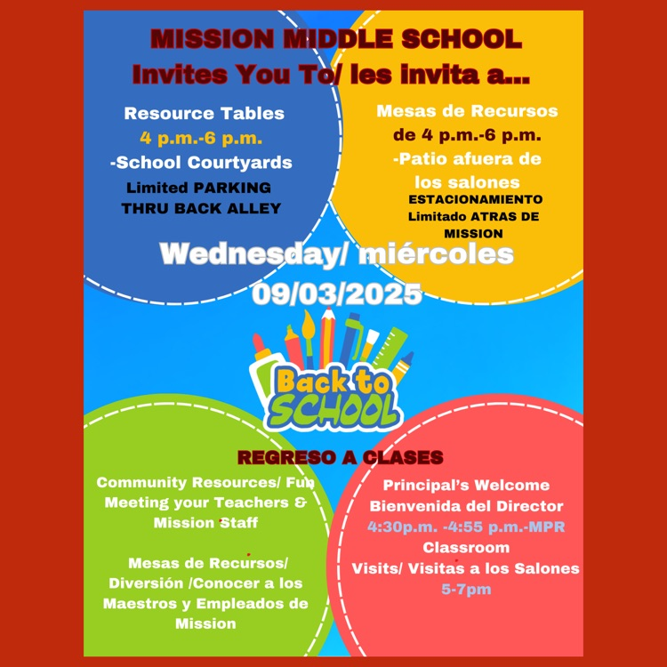 A flyer with details about Mission’s Back to School Night 2025-2026