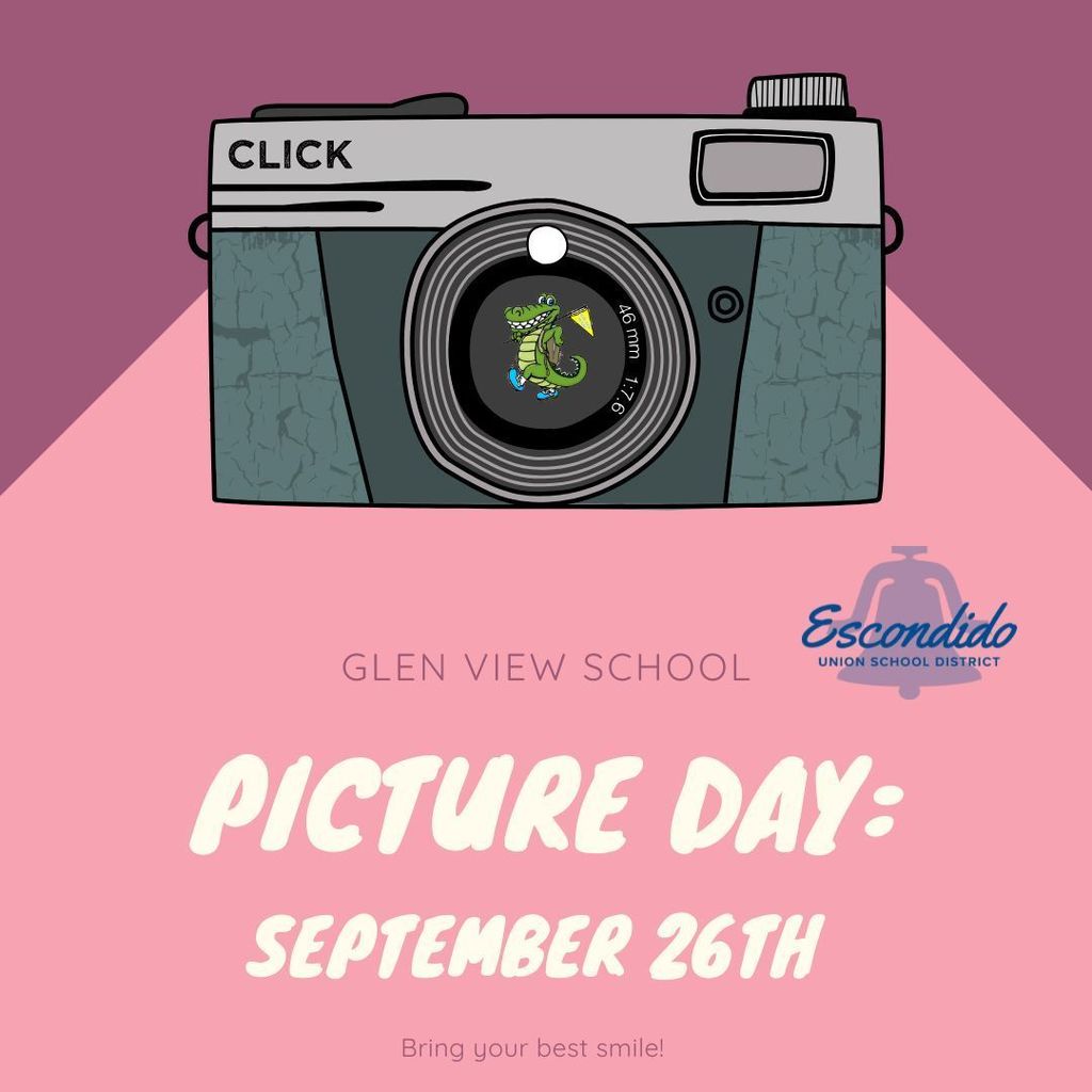 Picture day flyer with a with a big camera and date of sept 26th, pink background