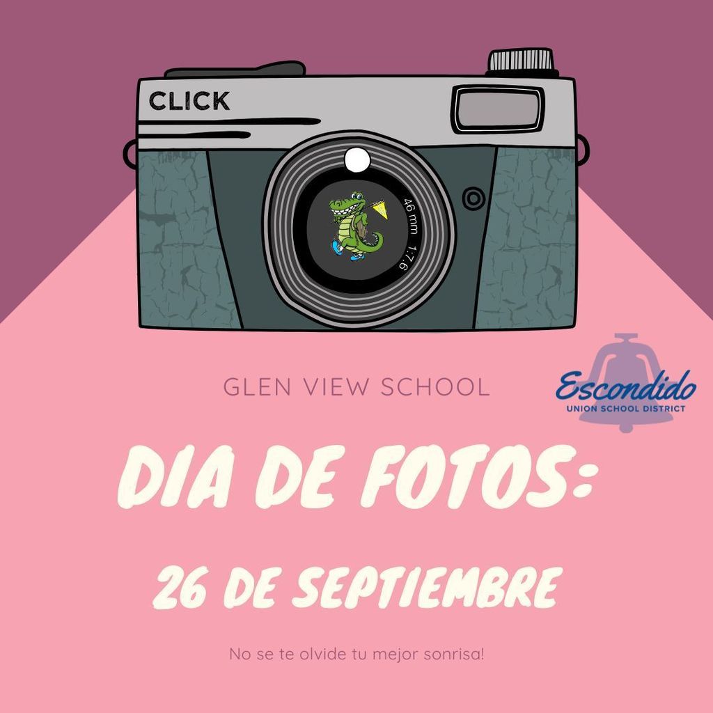 Picture day flyer with a with a big camera and date of sept 26th, pink background