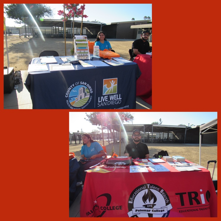 A collage of the Live Well San Diego and Palomar College Educational Talent Search booths at Mission's Back to School Night