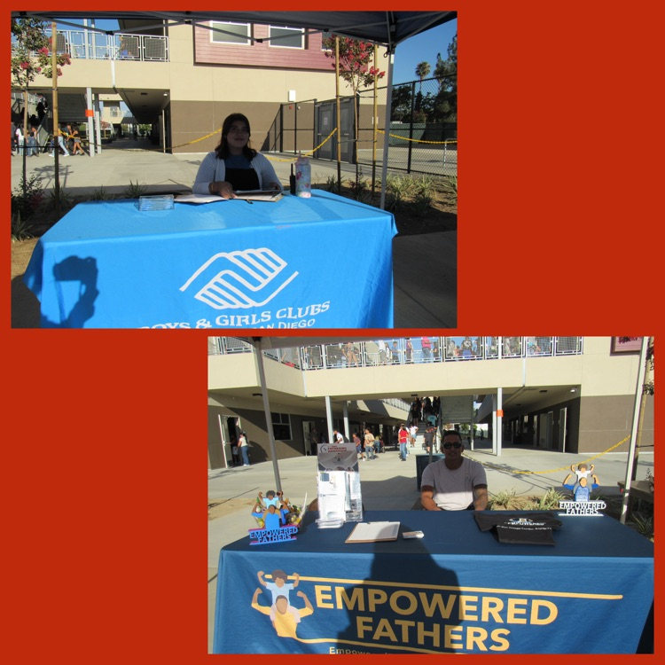 A collage of the Boys and Girls Clubs of Greater San Diego and Empowered Fathers booths at Mission's Back to School Night