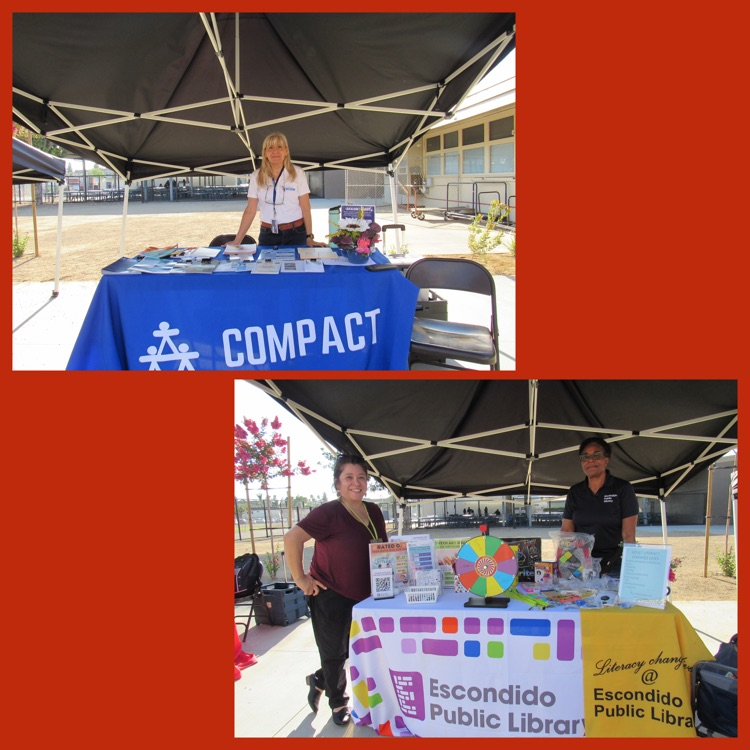 A collage of the Escondido Education COMPACT and Escondido Public Library booths at Mission's Back to School Night