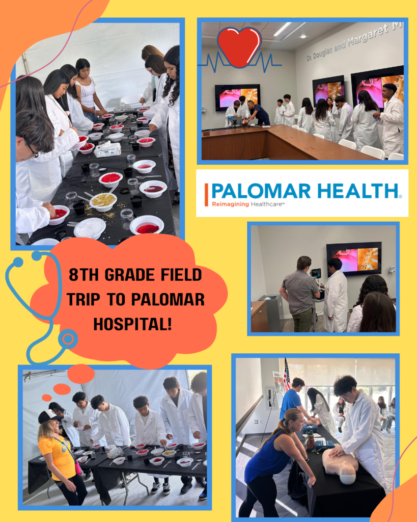 8th Grade Field Trip to Palomar Hospital! Pictures of students on the 8th grade field trip to palomar hospital. Students are seen learning about medical procedures and medical devices. 