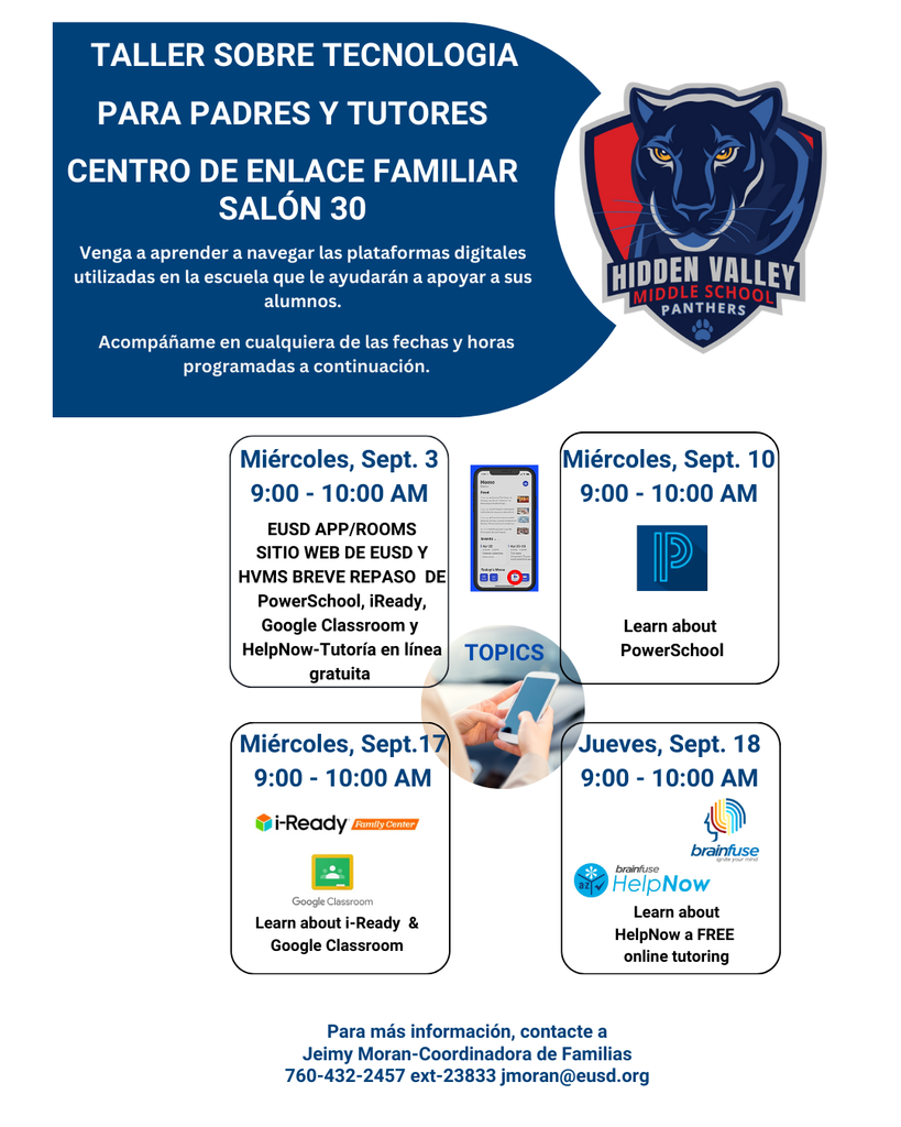 Flyer in Spanish  about technology meet up for parents, Wednesdays in Room 30.