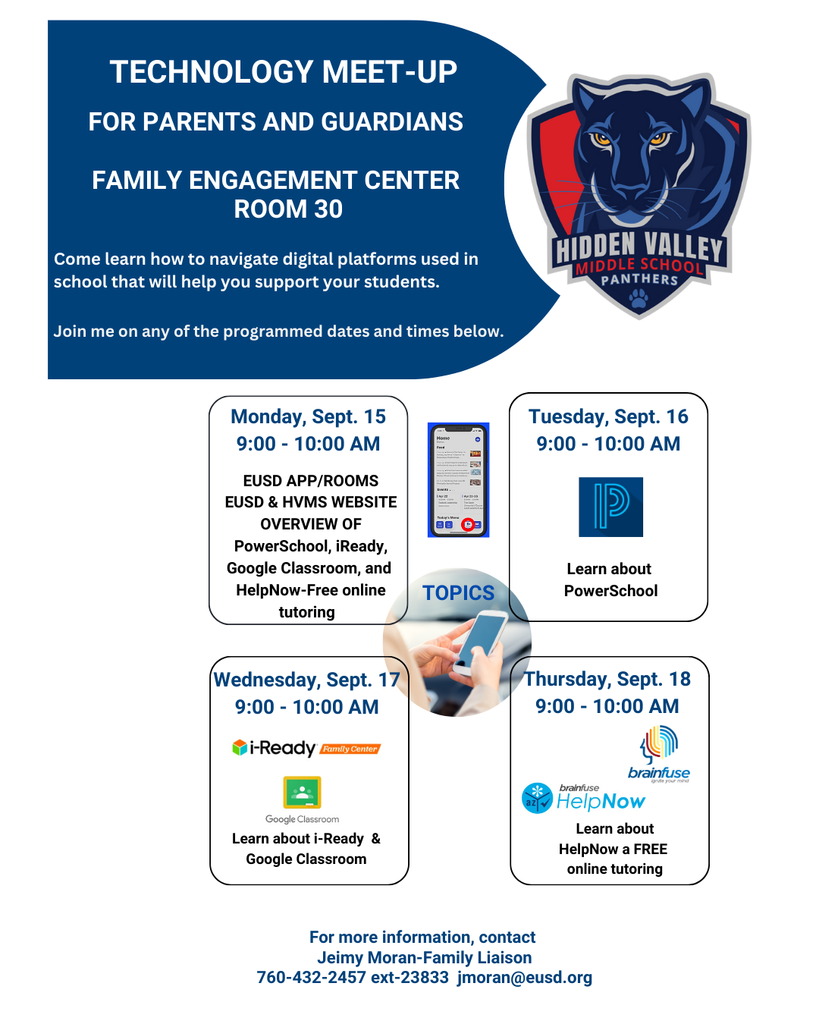 Flyer in about technology meet up for parents in room 30 Monday through Thursday.