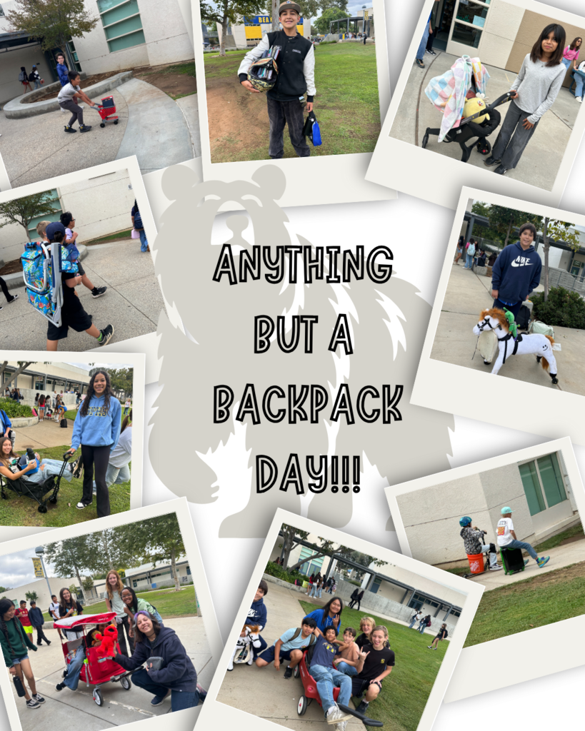 Anything but a backpack day!  Pictures of students using various objects as a back pack. Such as strollers, helmets and wagons. 