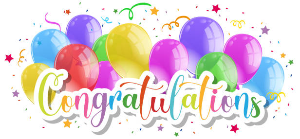 "Congratulations" with colorful balloons and confetti