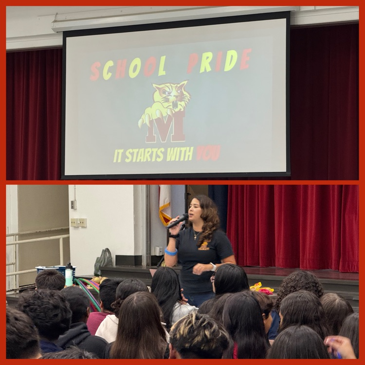 A collage of our emcee, Mrs. Camp, talking about school pride