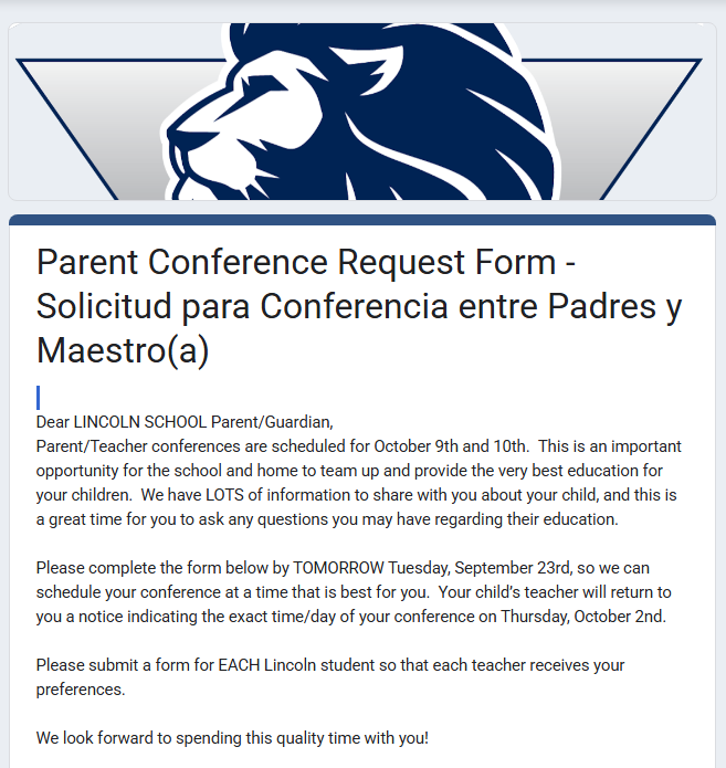 Schedule your Parent Conference today!  ¡Programe su conferencia de padre y maestro hoy!