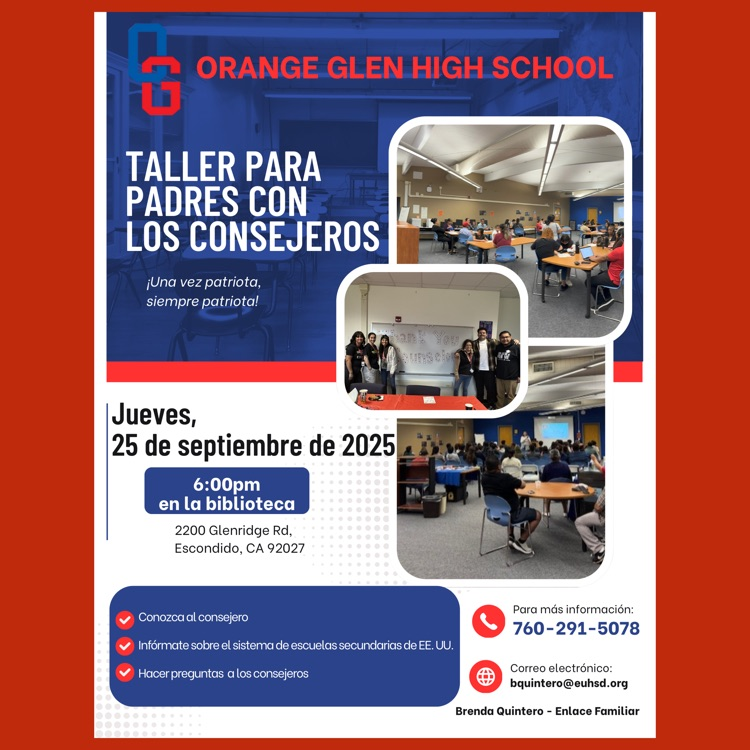 A Spanish language flyer for Orange Glen High School's "Parent Workshop With The Counselors"