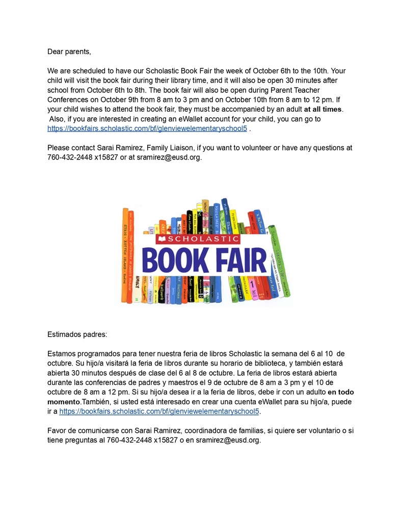 Book Fair Parent Letter English and Spanish