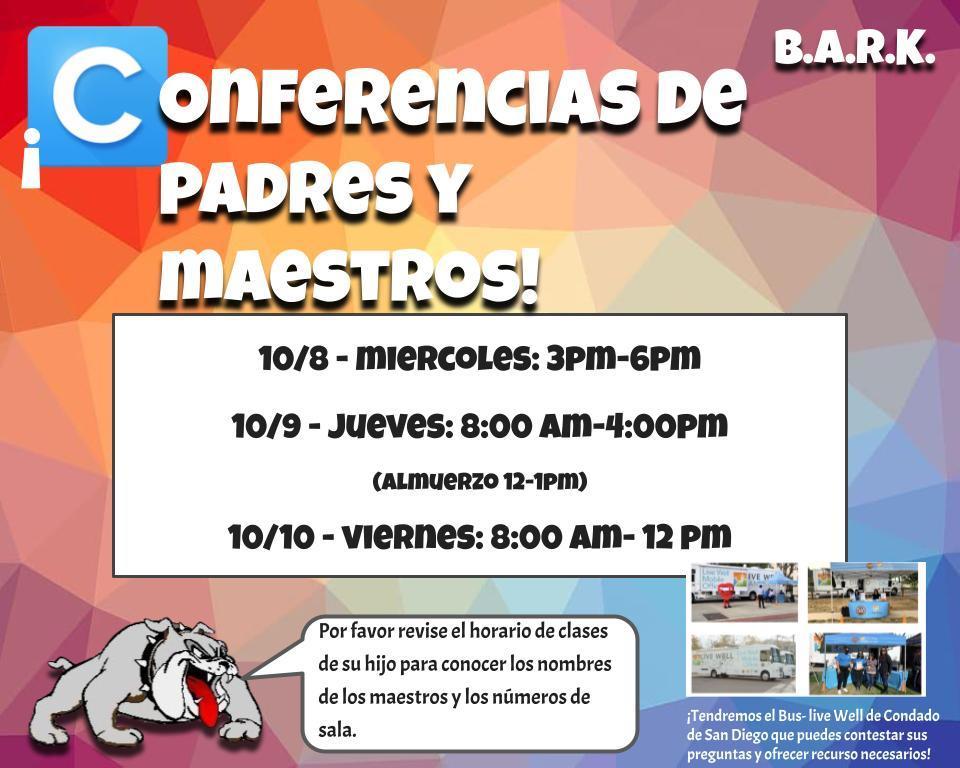 Parent teacher conference information with dates and times for Rincon Middle School  in Spanish