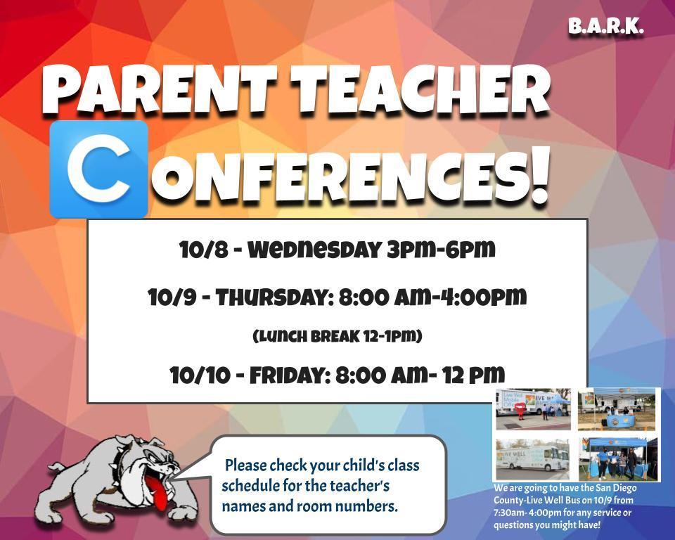 Parent teacher conference information with dates and times for Rincon Middle School 