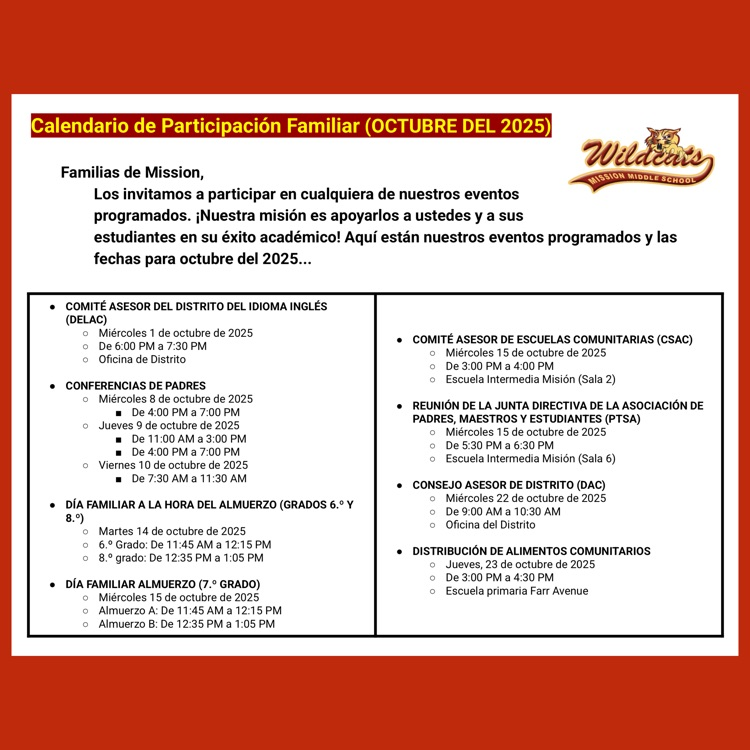 Page 1 (of 2) of the Spanish language Family Engagement Calendar for October 2025