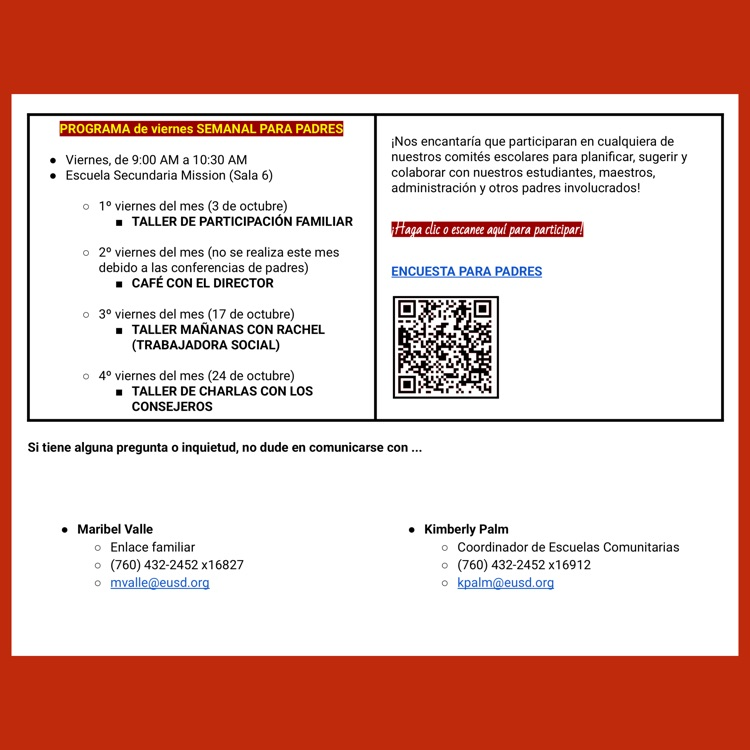 Page 2 (of 2) of the Spanish language Family Engagement Calendar for October 2025
