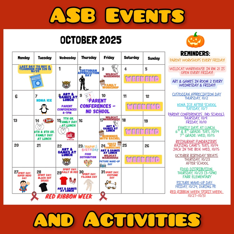 A calendar of ASB Events and Activities for October 2025