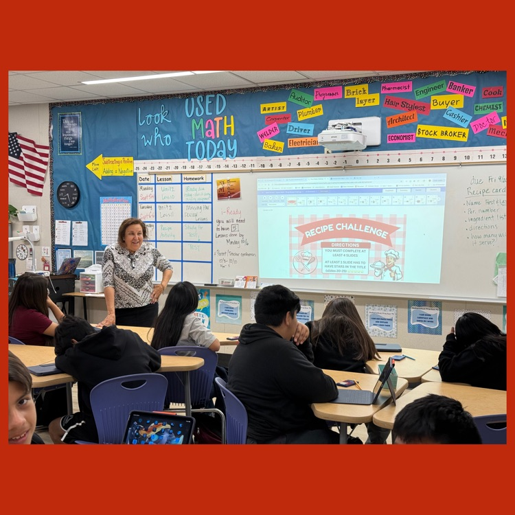 A photo of Mrs. Sisson introducing the "Recipe Challenge" to her students
