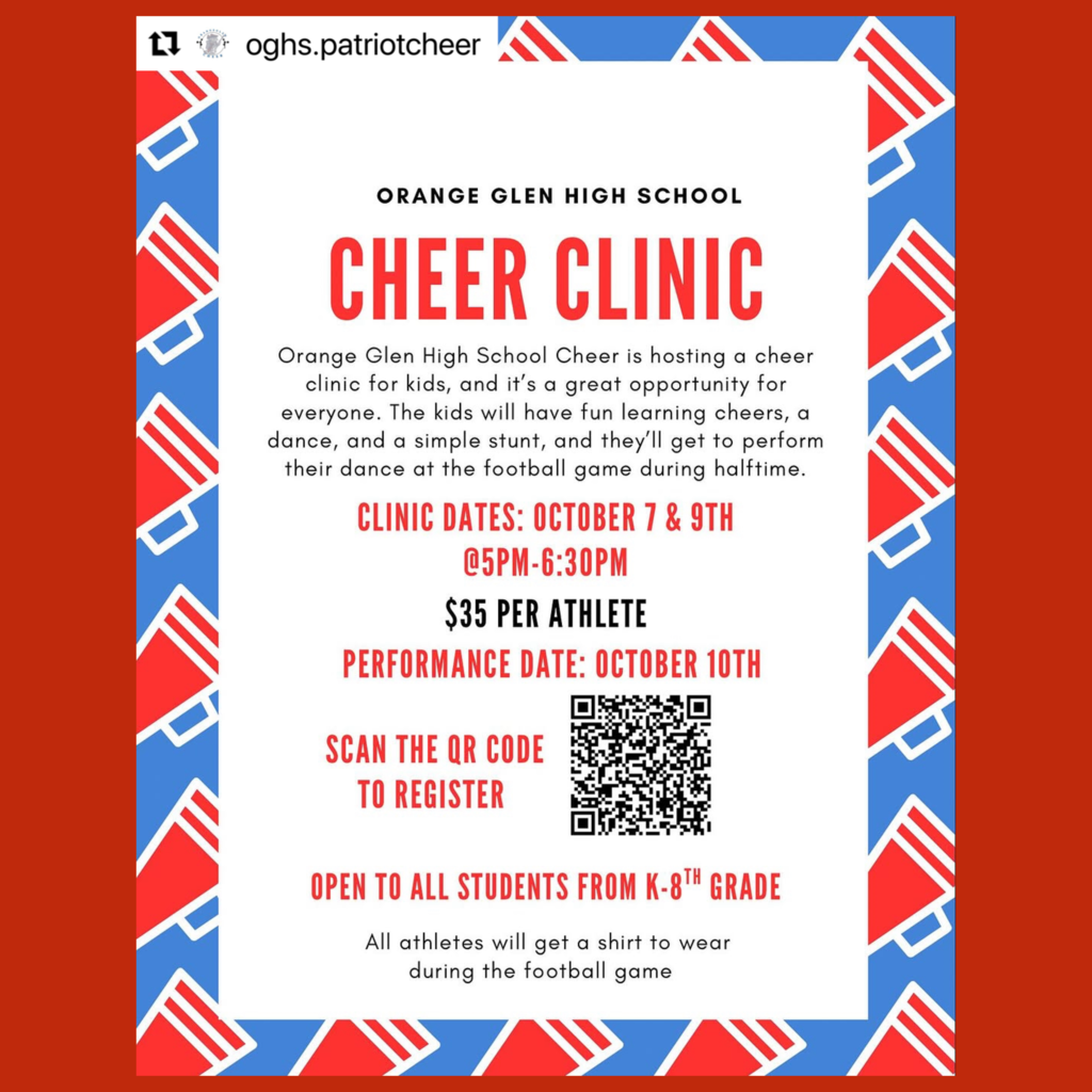 A flyer for the Orange Glen High School Cheer Clinic