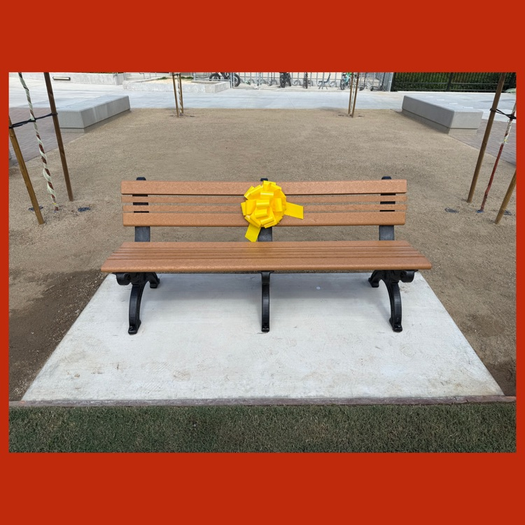 A close-up of Tamara's Memorial Bench